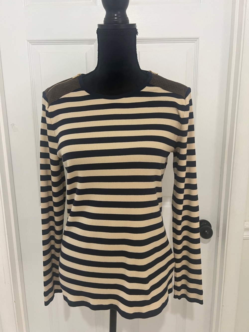 Lauren Ralph Lauren Navy and Cream Striped Long Sleeve Top